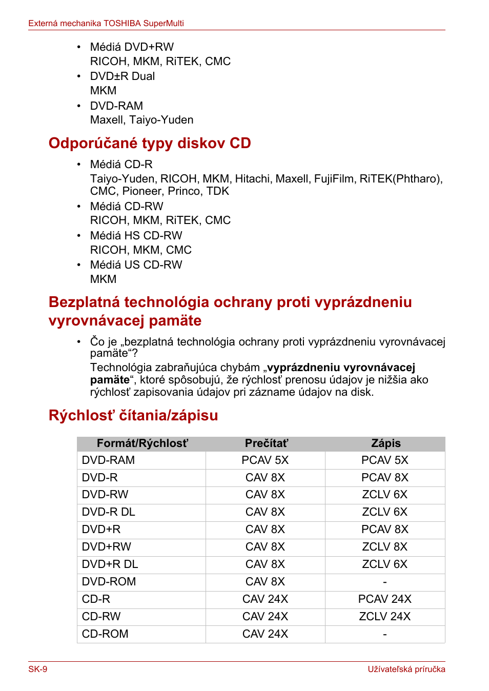 Odporúčané typy diskov cd, Rýchlosť čítania/zápisu | Toshiba External SuperMulti Drive User Manual | Page 448 / 533