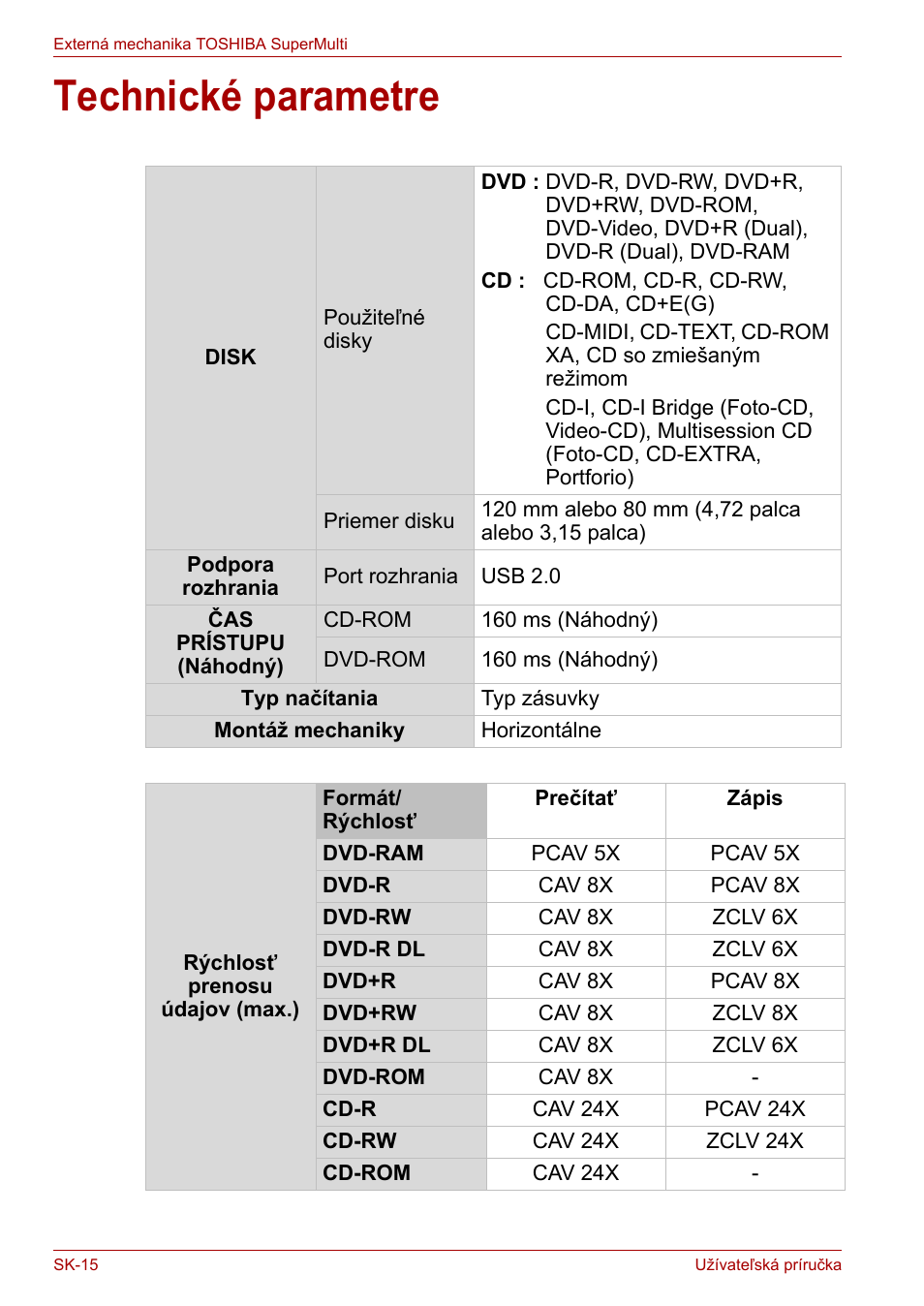 Technické parametre | Toshiba External SuperMulti Drive User Manual | Page 454 / 533