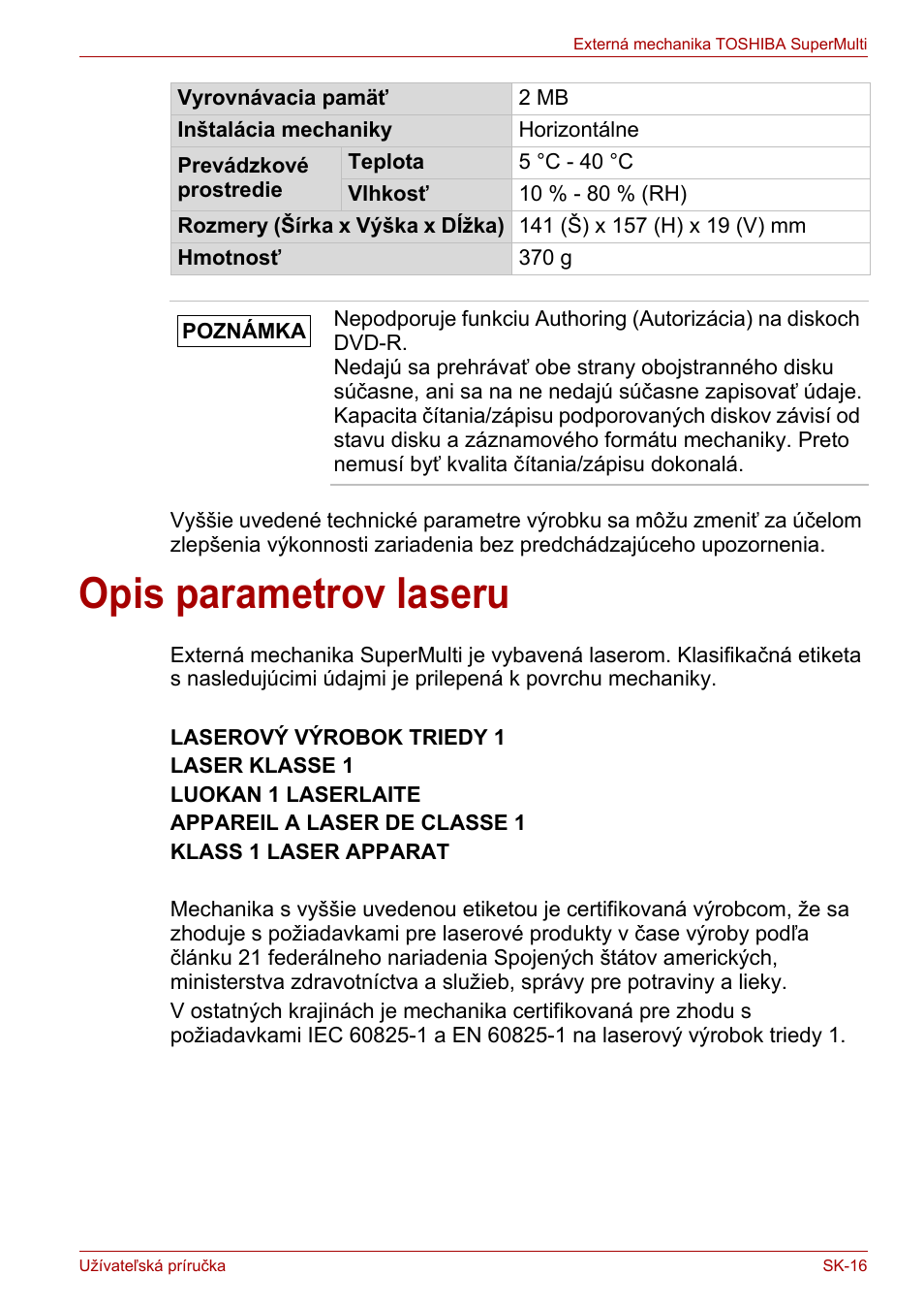 Opis parametrov laseru | Toshiba External SuperMulti Drive User Manual | Page 455 / 533
