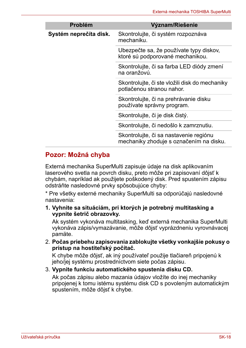 Pozor: možná chyba | Toshiba External SuperMulti Drive User Manual | Page 457 / 533