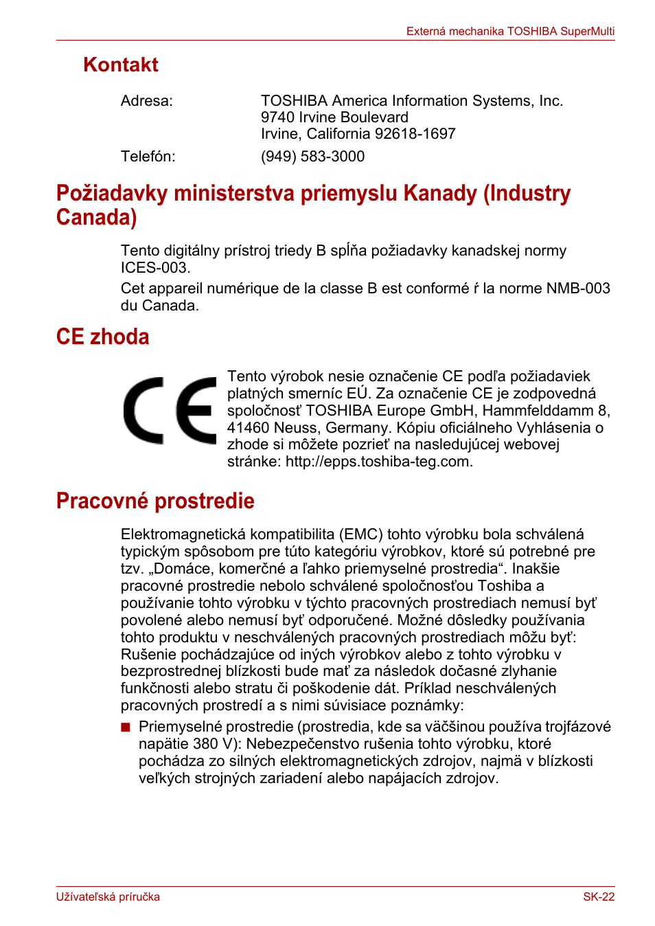 Kontakt, Ce zhoda, Pracovné prostredie | Toshiba External SuperMulti Drive User Manual | Page 461 / 533