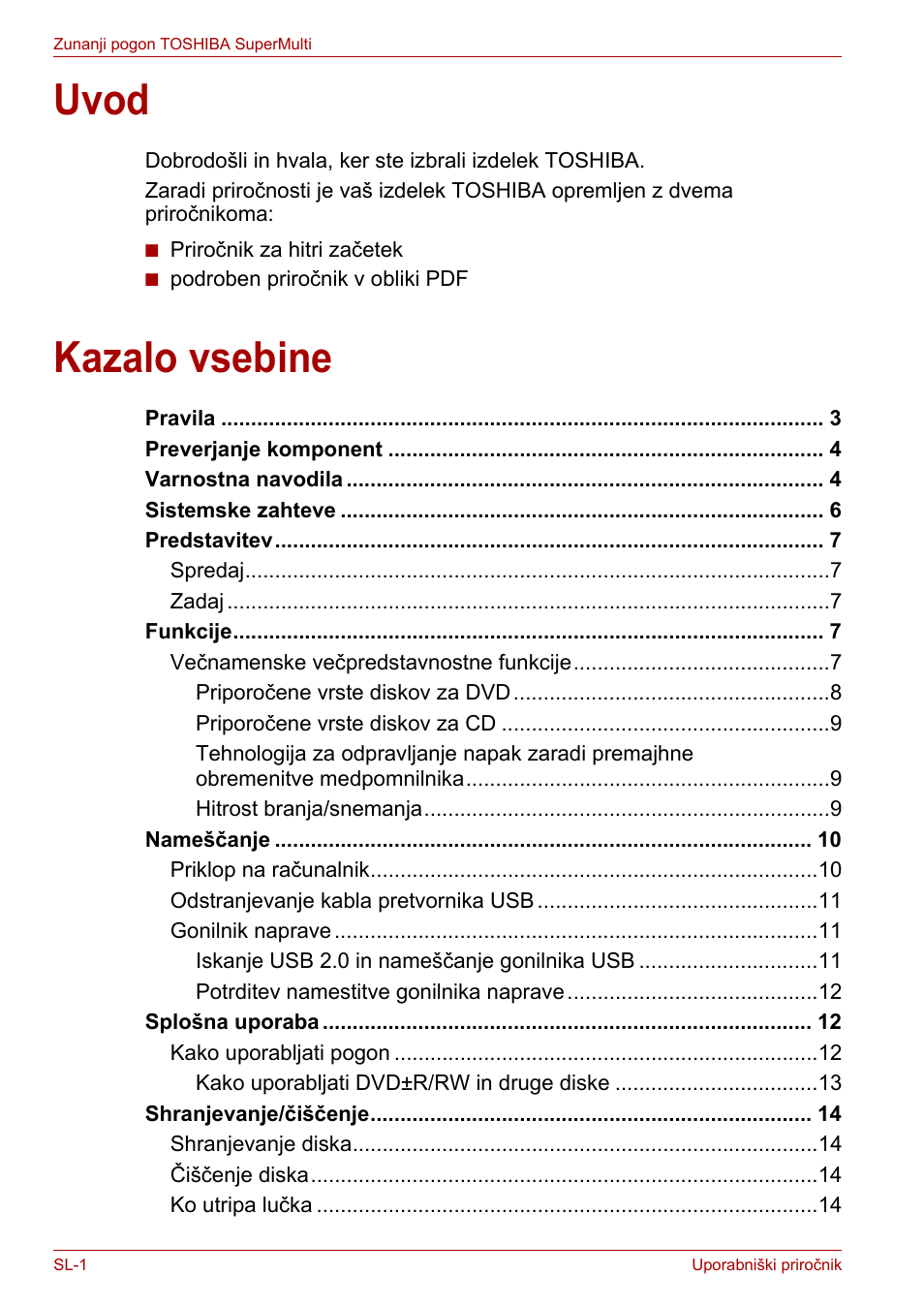 Uporabniški priročnik, Uvod, Kazalo vsebine | Toshiba External SuperMulti Drive User Manual | Page 464 / 533