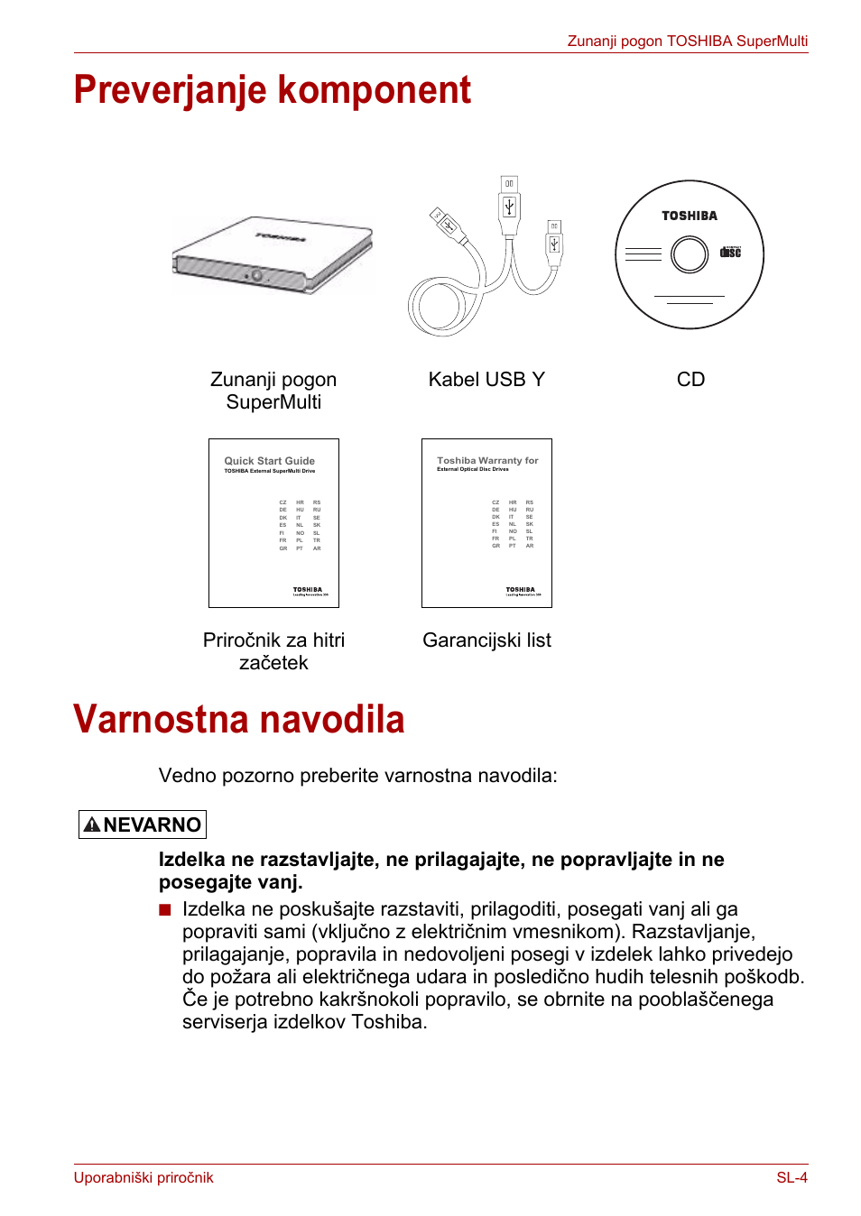 Preverjanje komponent, Varnostna navodila, Preverjanje komponent varnostna navodila | Nevarno | Toshiba External SuperMulti Drive User Manual | Page 467 / 533