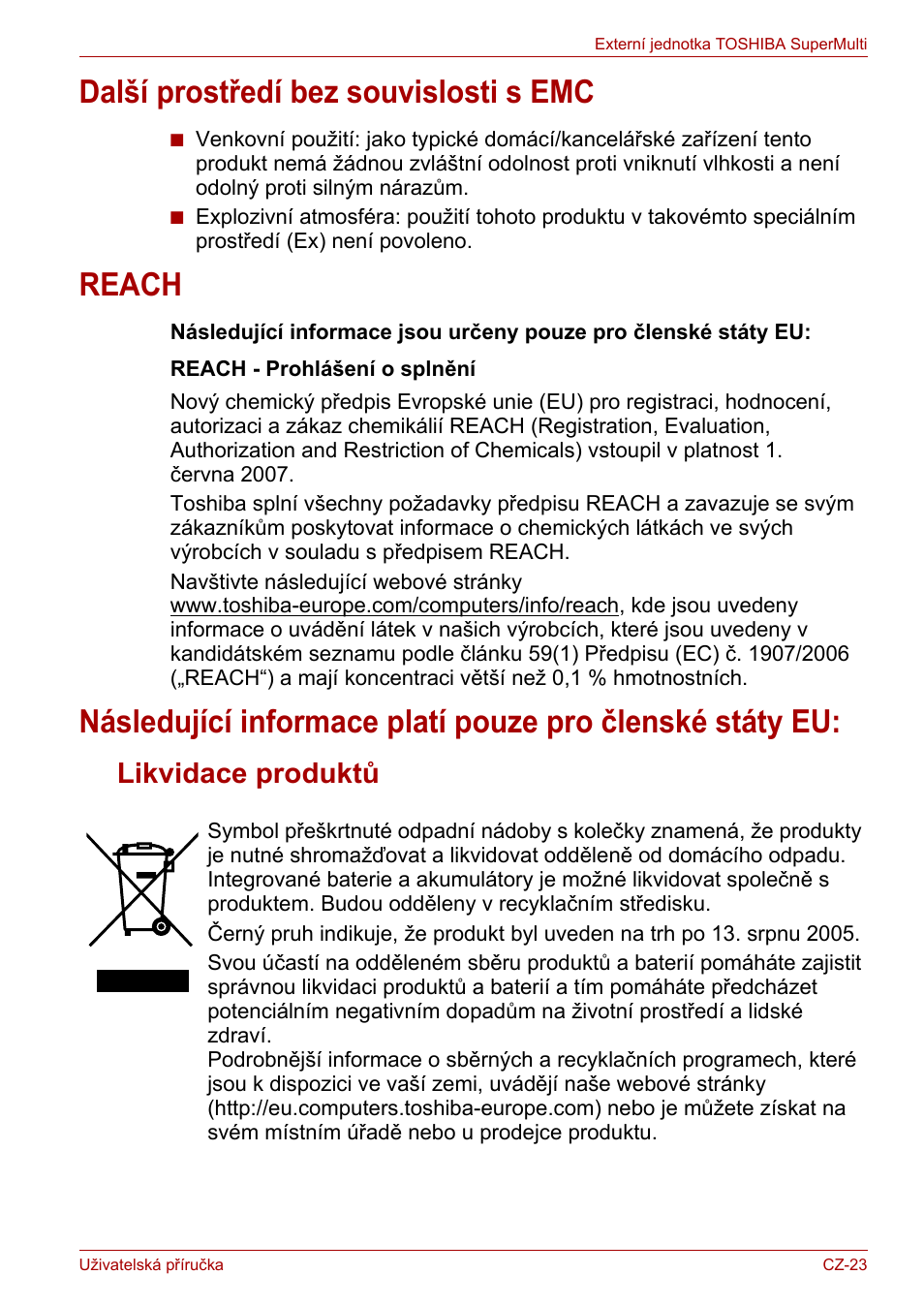 Další prostředí bez souvislosti s emc, Reach, Likvidace produktů | Toshiba External SuperMulti Drive User Manual | Page 47 / 533