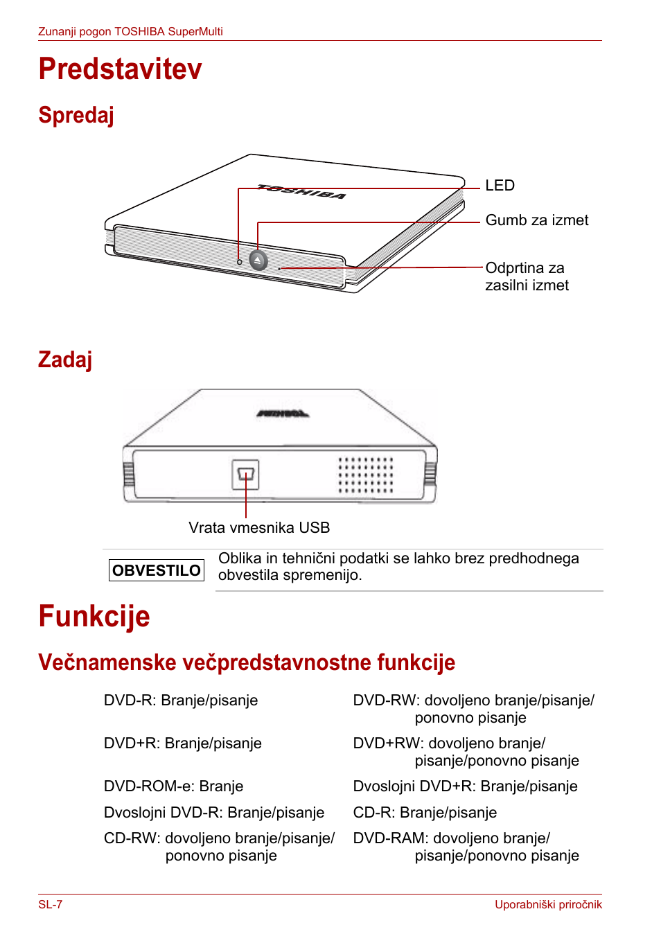 Predstavitev, Spredaj, Zadaj | Funkcije, Večnamenske večpredstavnostne funkcije, Spredaj zadaj | Toshiba External SuperMulti Drive User Manual | Page 470 / 533