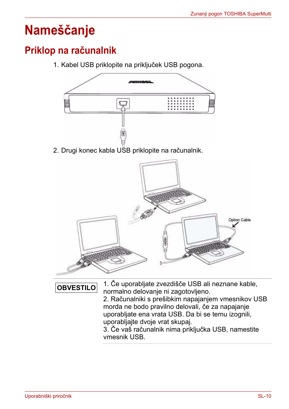 Nameščanje, Priklop na računalnik | Toshiba External SuperMulti Drive User Manual | Page 473 / 533