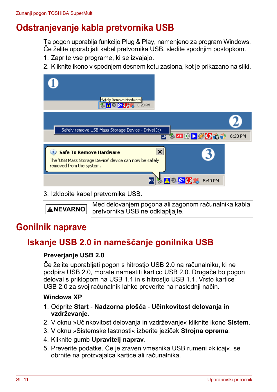 Odstranjevanje kabla pretvornika usb, Gonilnik naprave, Iskanje usb 2.0 in nameščanje gonilnika usb | Toshiba External SuperMulti Drive User Manual | Page 474 / 533