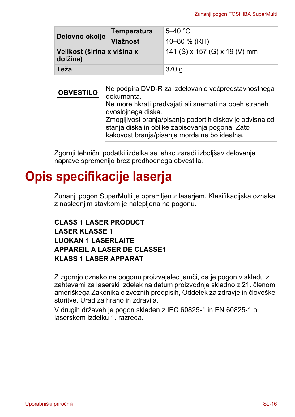 Opis specifikacije laserja | Toshiba External SuperMulti Drive User Manual | Page 479 / 533