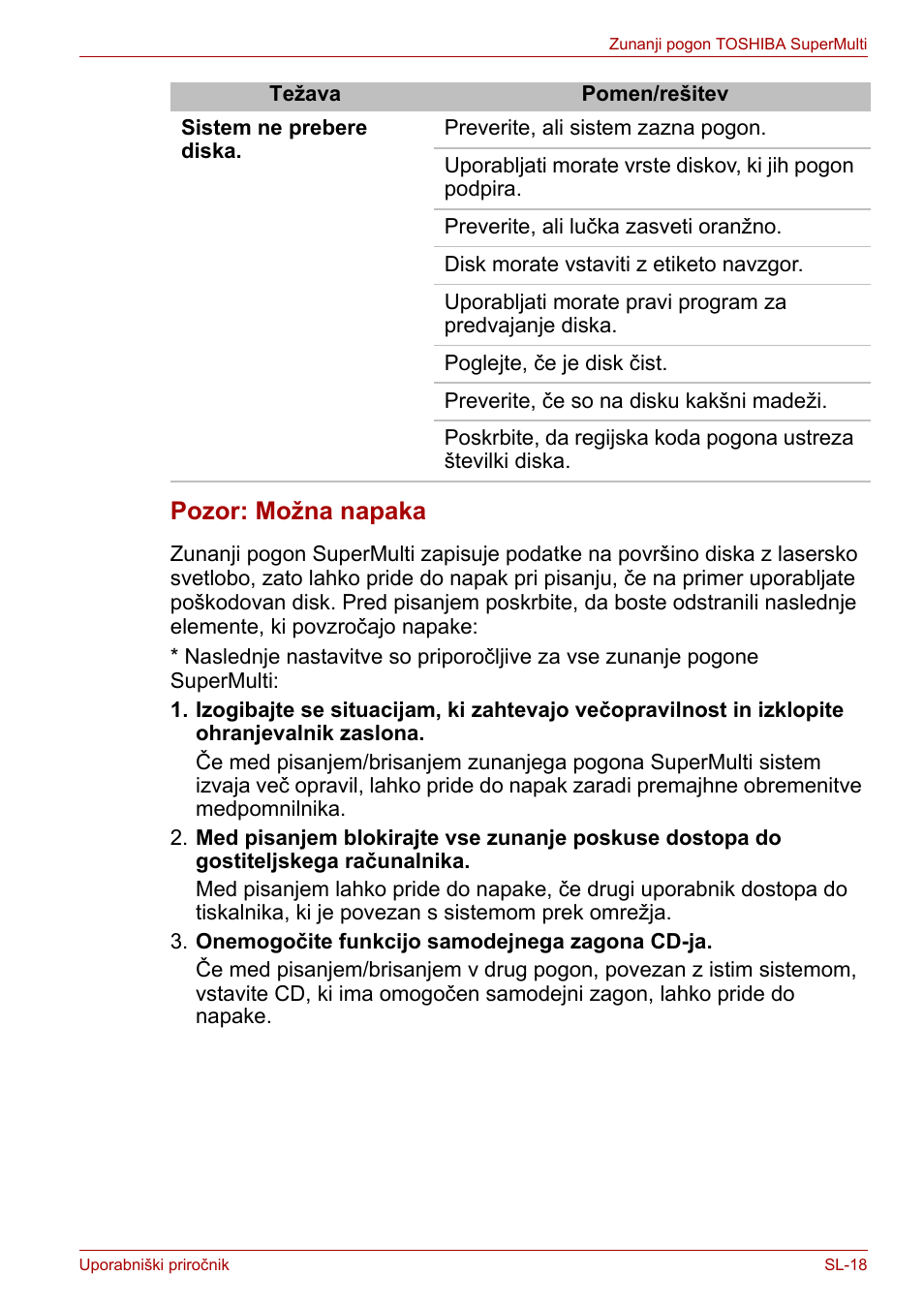 Pozor: možna napaka | Toshiba External SuperMulti Drive User Manual | Page 481 / 533