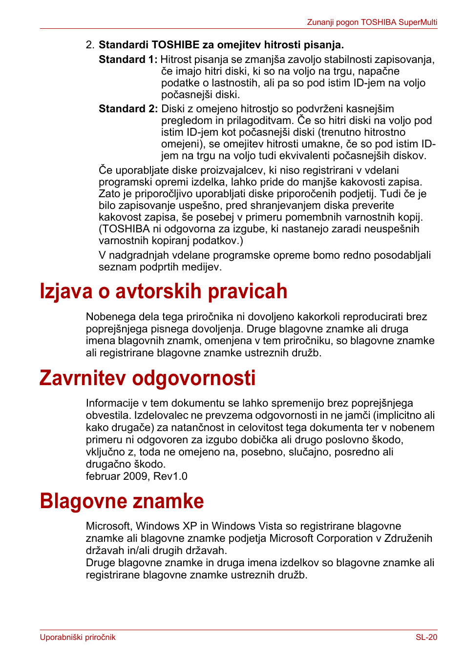 Izjava o avtorskih pravicah, Zavrnitev odgovornosti, Blagovne znamke | Toshiba External SuperMulti Drive User Manual | Page 483 / 533