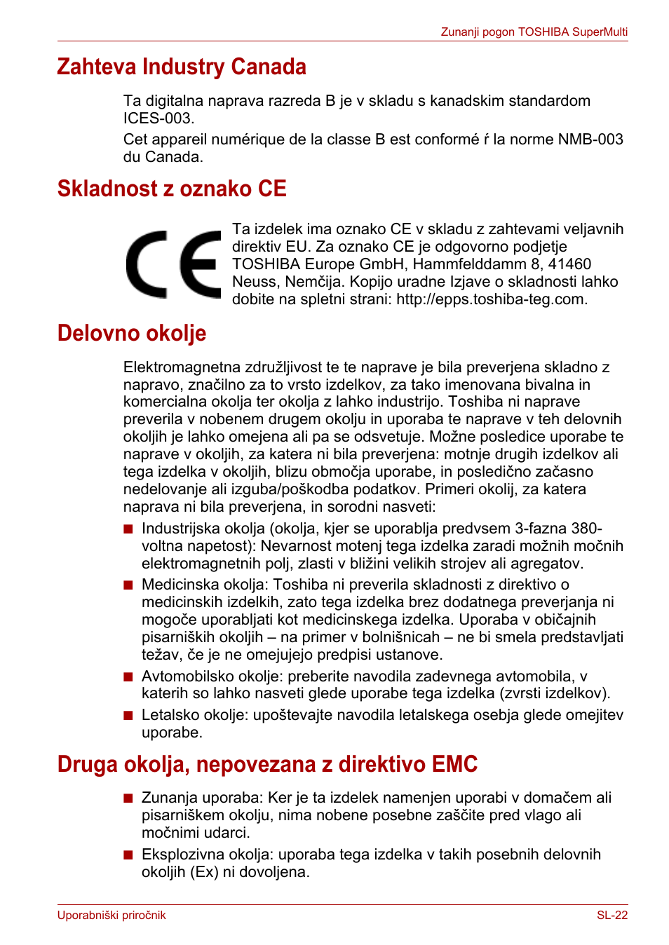 Zahteva industry canada, Skladnost z oznako ce, Delovno okolje | Druga okolja, nepovezana z direktivo emc | Toshiba External SuperMulti Drive User Manual | Page 485 / 533