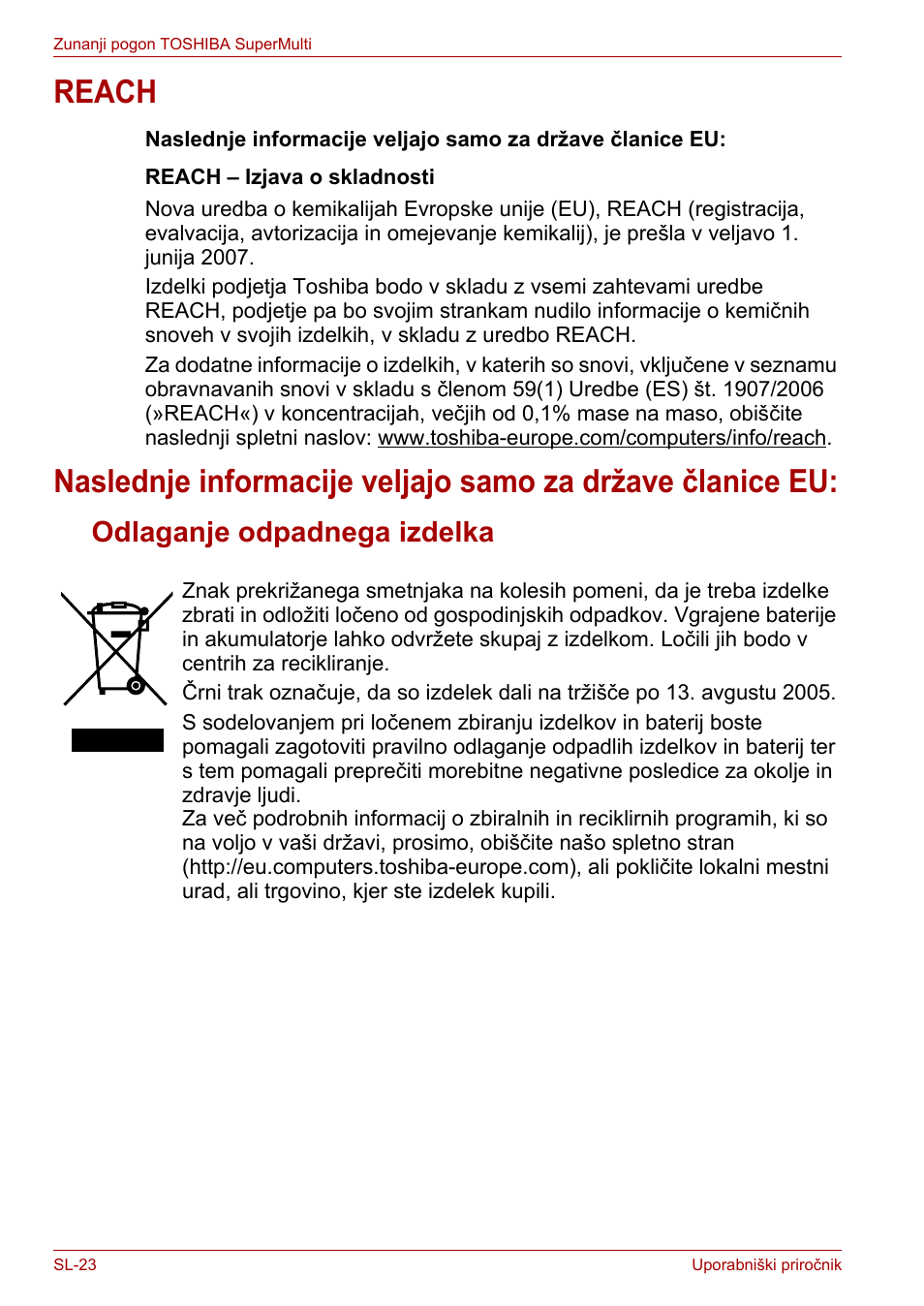 Reach, Odlaganje odpadnega izdelka | Toshiba External SuperMulti Drive User Manual | Page 486 / 533
