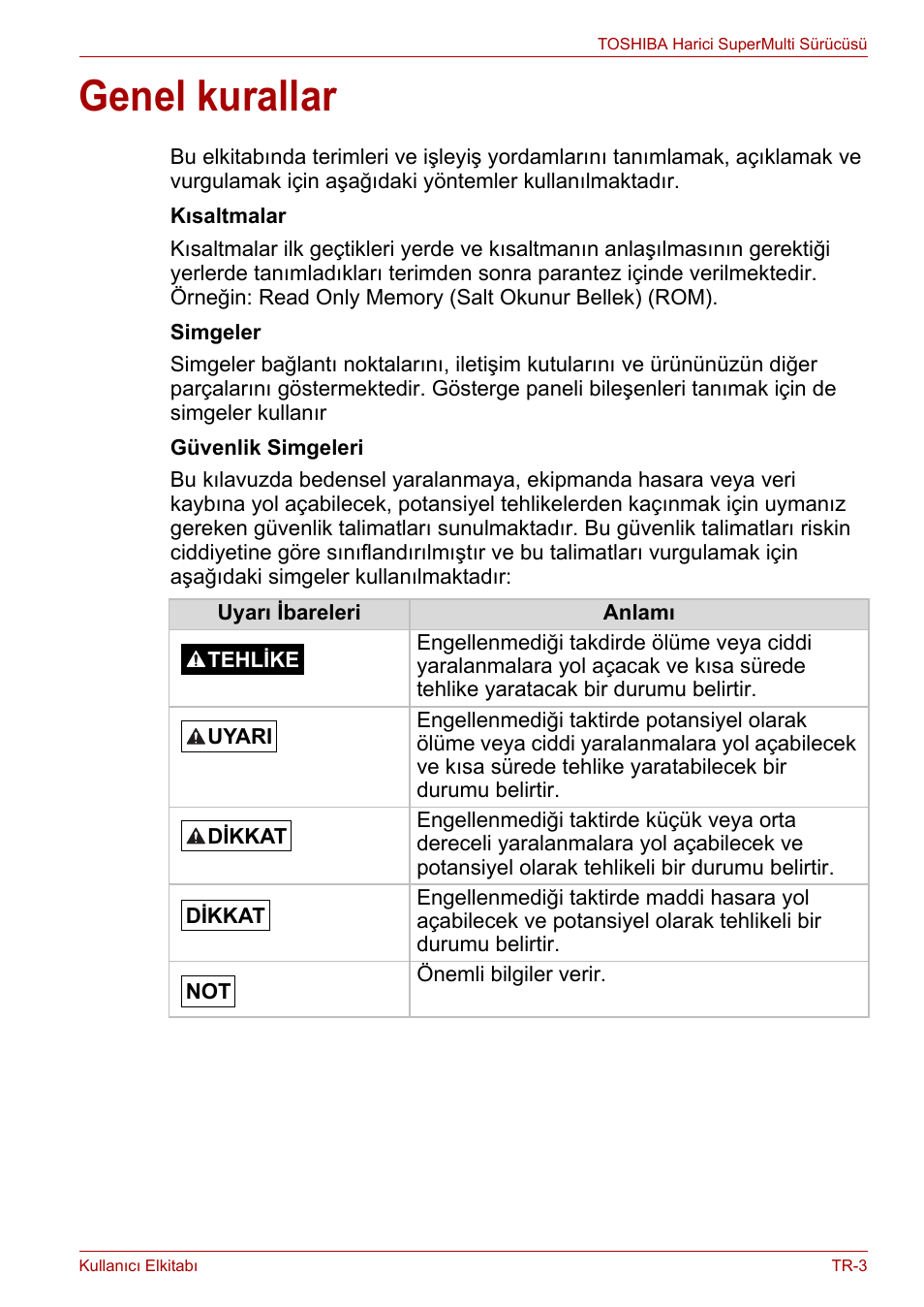 Genel kurallar | Toshiba External SuperMulti Drive User Manual | Page 489 / 533