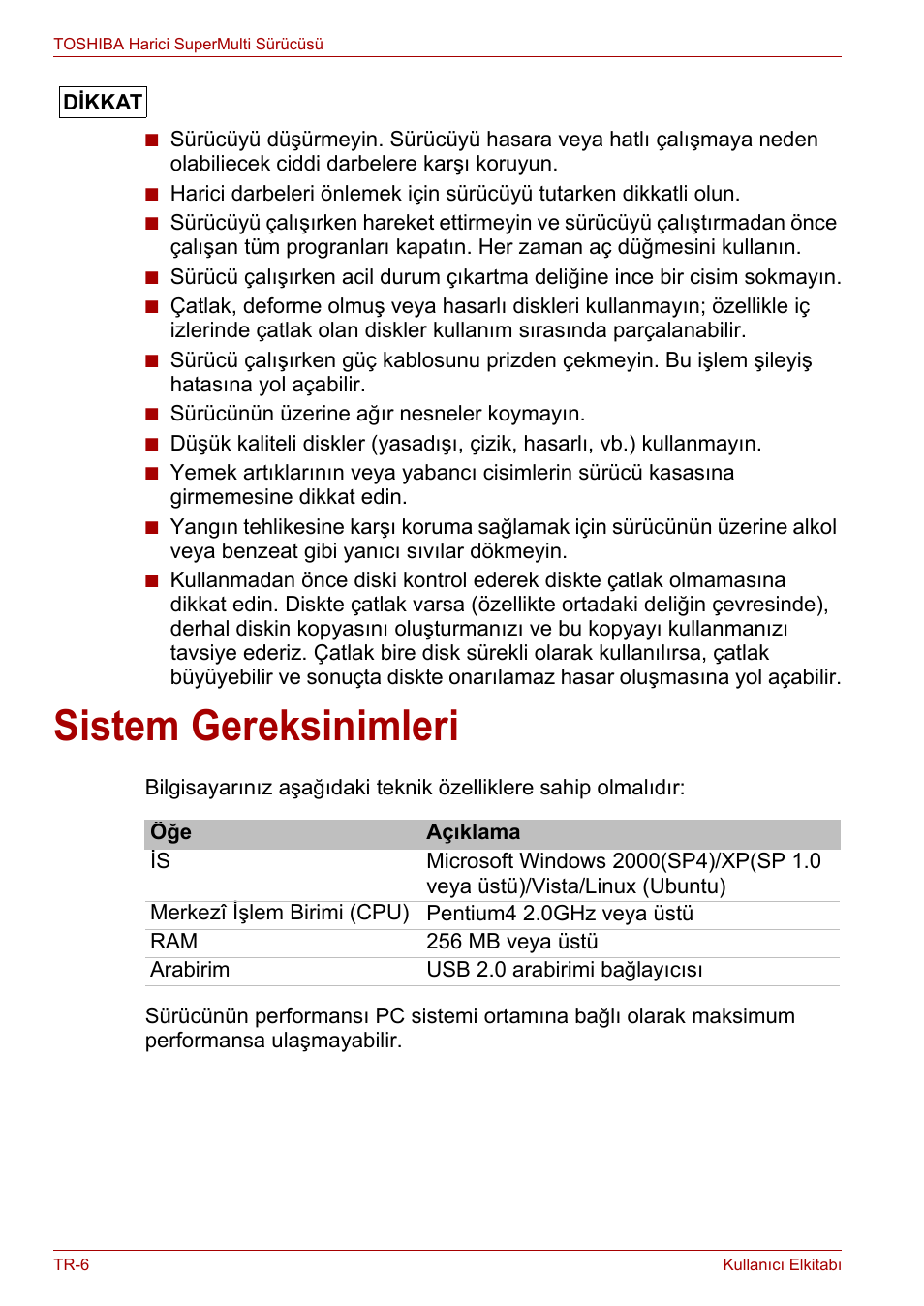 Sistem gereksinimleri | Toshiba External SuperMulti Drive User Manual | Page 492 / 533