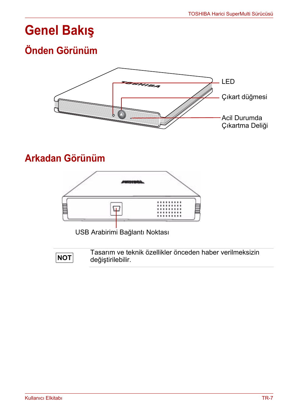 Genel bakış, Önden görünüm, Arkadan görünüm | Önden görünüm arkadan görünüm | Toshiba External SuperMulti Drive User Manual | Page 493 / 533