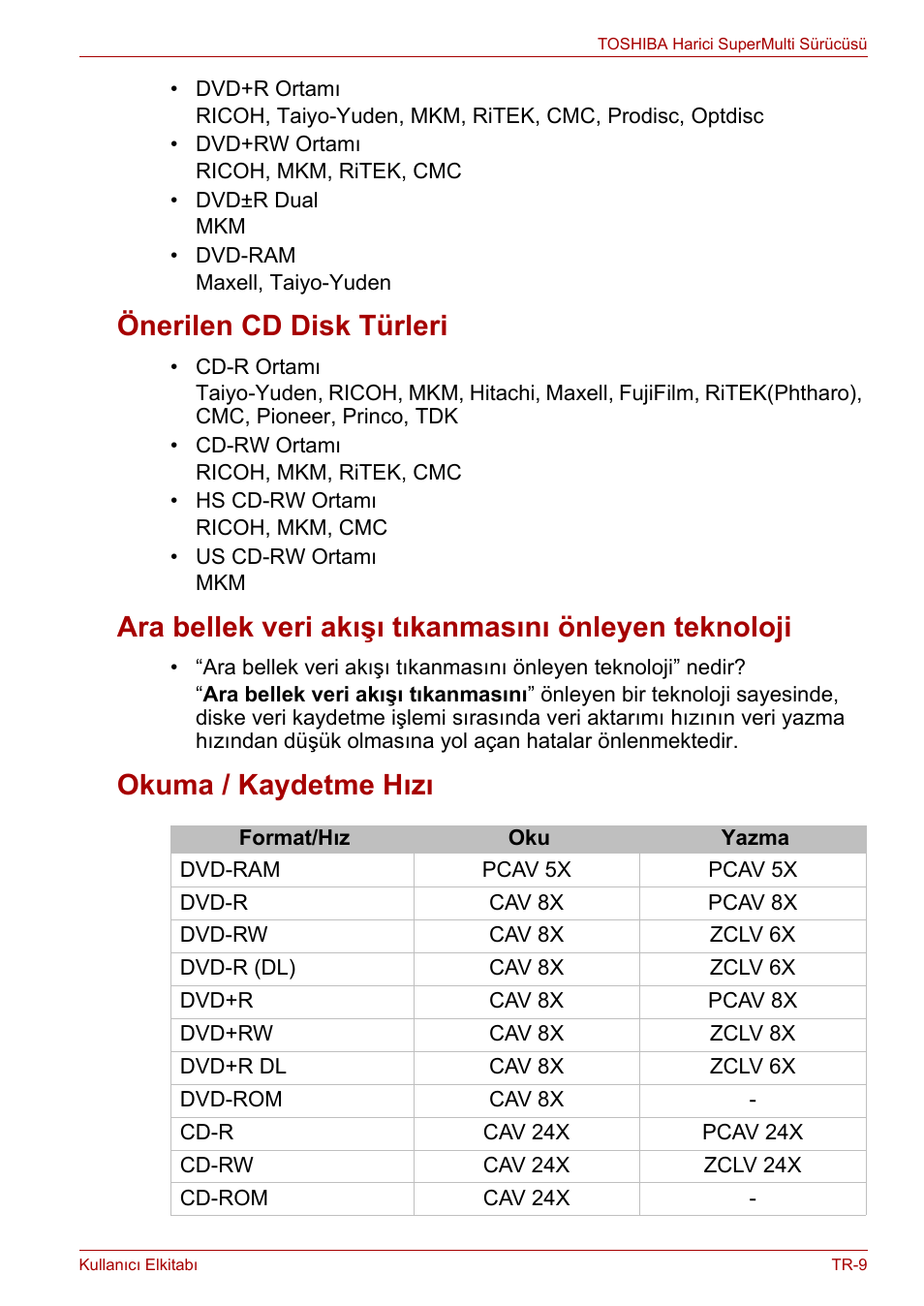 Önerilen cd disk türleri, Okuma / kaydetme hızı | Toshiba External SuperMulti Drive User Manual | Page 495 / 533