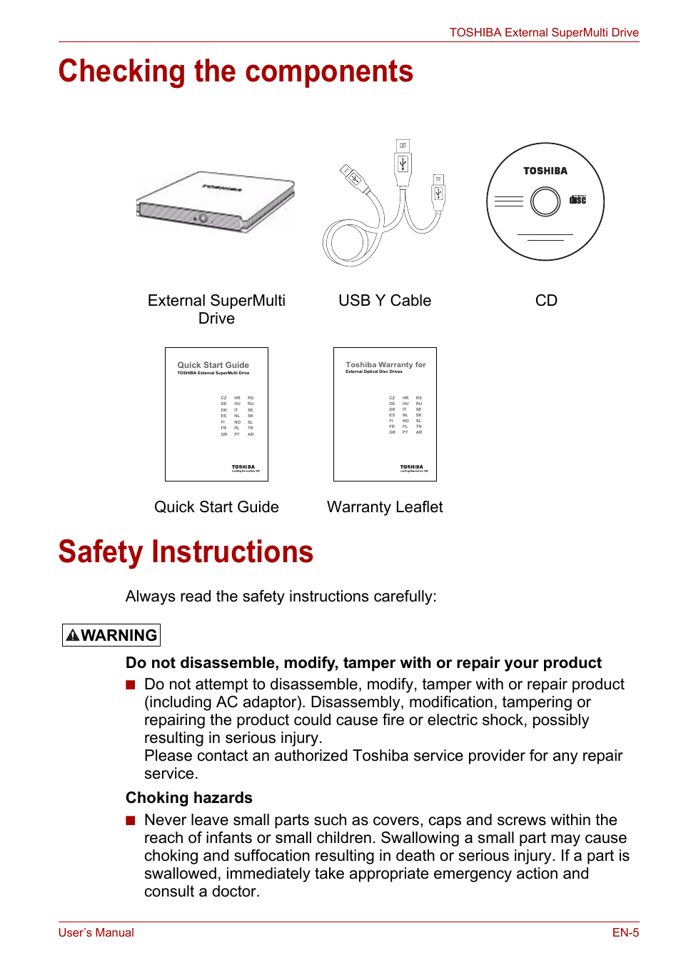 Checking the components, Safety instructions, Checking the components safety instructions | Warning | Toshiba External SuperMulti Drive User Manual | Page 5 / 533