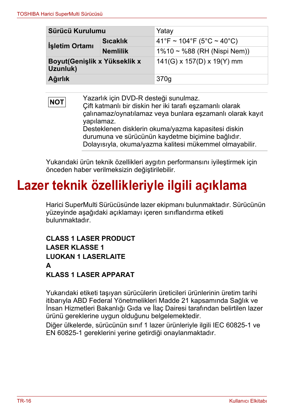 Lazer teknik özellikleriyle ilgili açıklama | Toshiba External SuperMulti Drive User Manual | Page 502 / 533