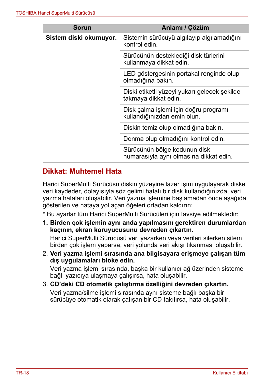 Dikkat: muhtemel hata | Toshiba External SuperMulti Drive User Manual | Page 504 / 533