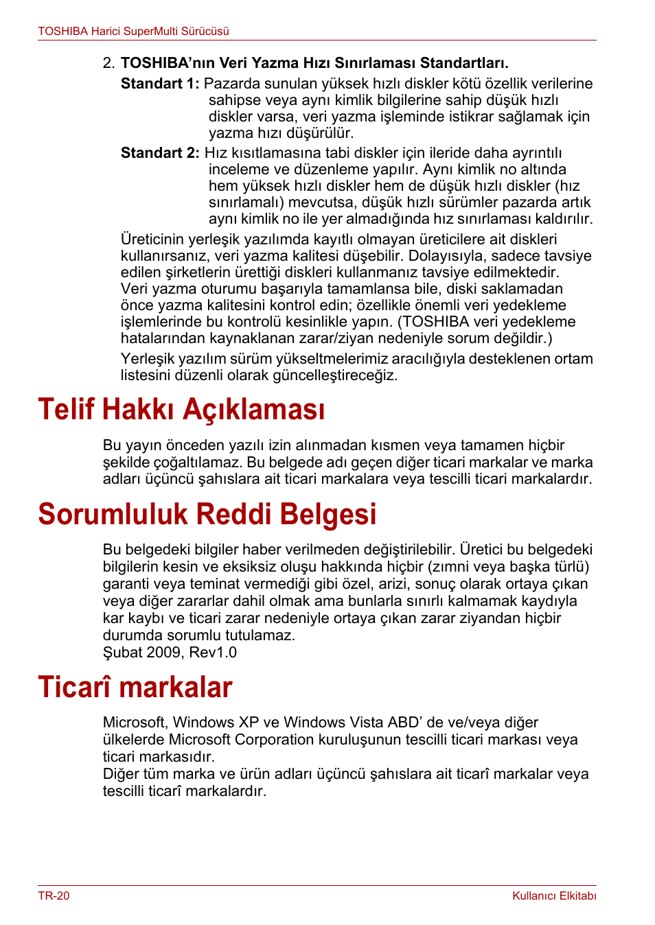 Telif hakkı açıklaması, Sorumluluk reddi belgesi, Ticarî markalar | Toshiba External SuperMulti Drive User Manual | Page 506 / 533