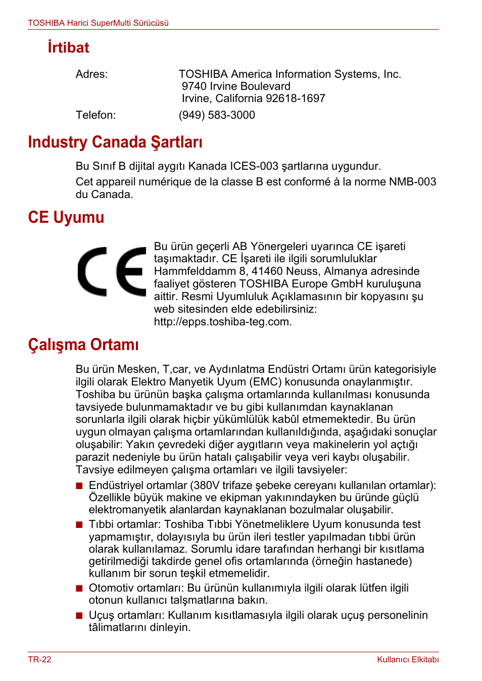 Irtibat, Industry canada şartları, Ce uyumu | Çalışma ortamı, Industry canada şartları ce uyumu çalışma ortamı | Toshiba External SuperMulti Drive User Manual | Page 508 / 533