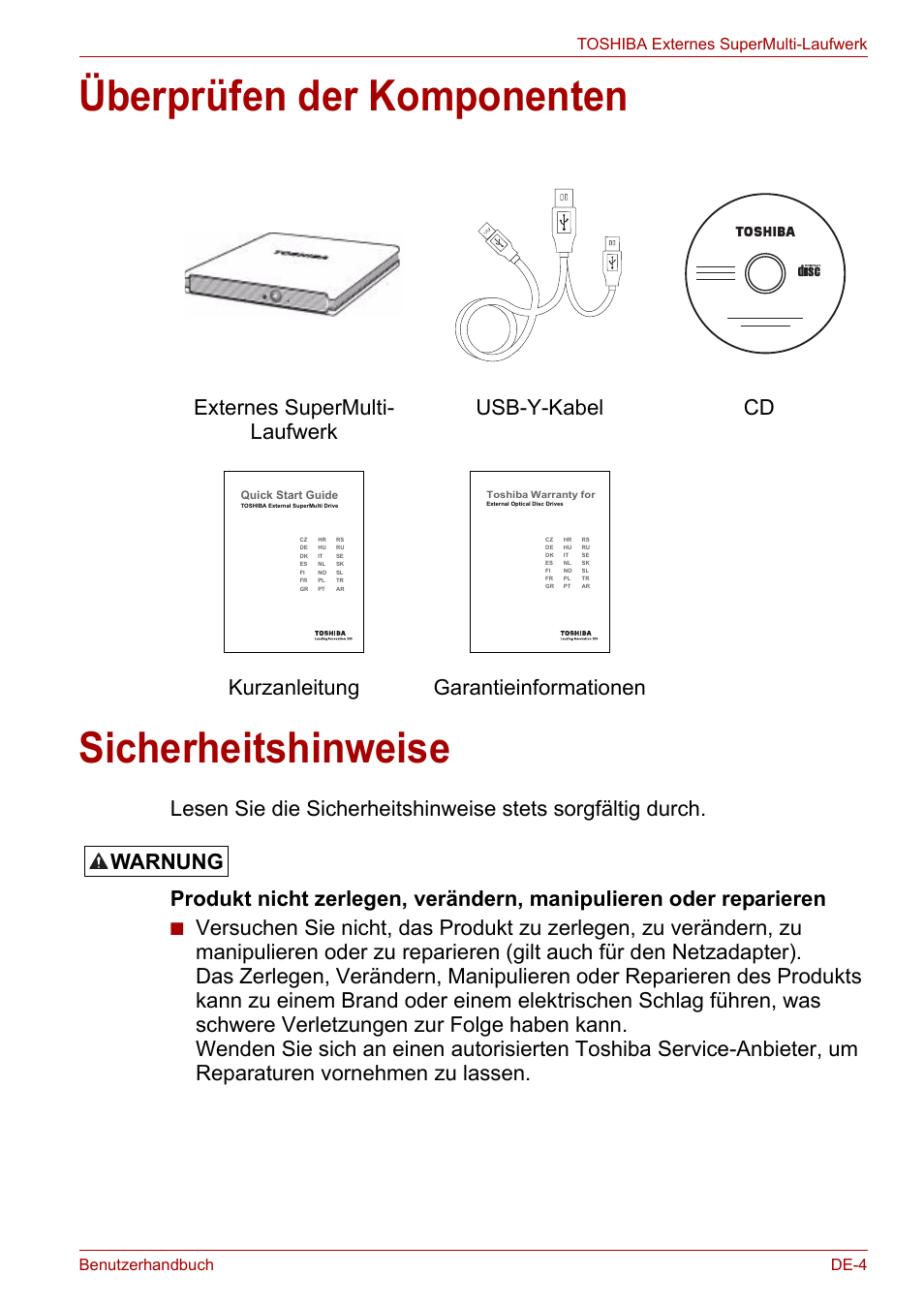 Überprüfen der komponenten, Sicherheitshinweise, Überprüfen der komponenten sicherheitshinweise | Warnung | Toshiba External SuperMulti Drive User Manual | Page 51 / 533