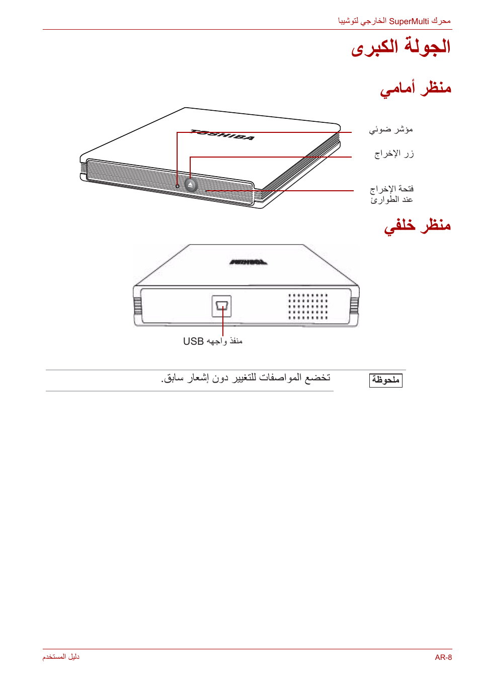 الجولة الكبرى, منظر أمامي, منظر خلفي | ىربكلا ةلوجلا, يمامأ رظنم, يفلخ رظنم | Toshiba External SuperMulti Drive User Manual | Page 516 / 533