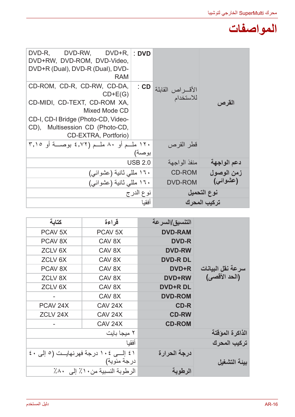 المواصفات, تافصاوملا | Toshiba External SuperMulti Drive User Manual | Page 524 / 533