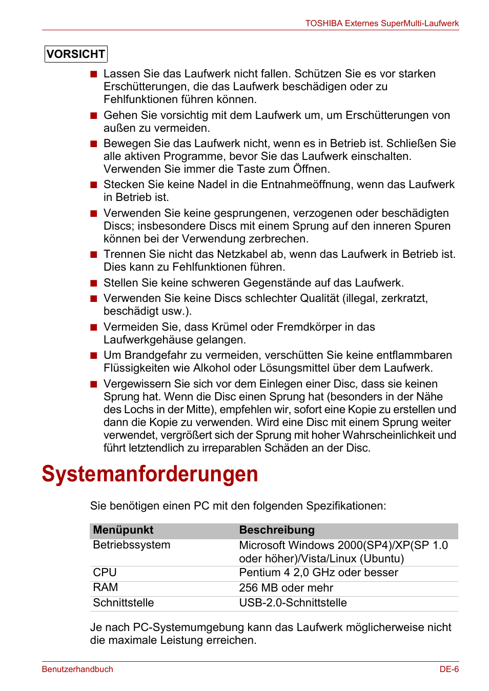 Systemanforderungen | Toshiba External SuperMulti Drive User Manual | Page 53 / 533