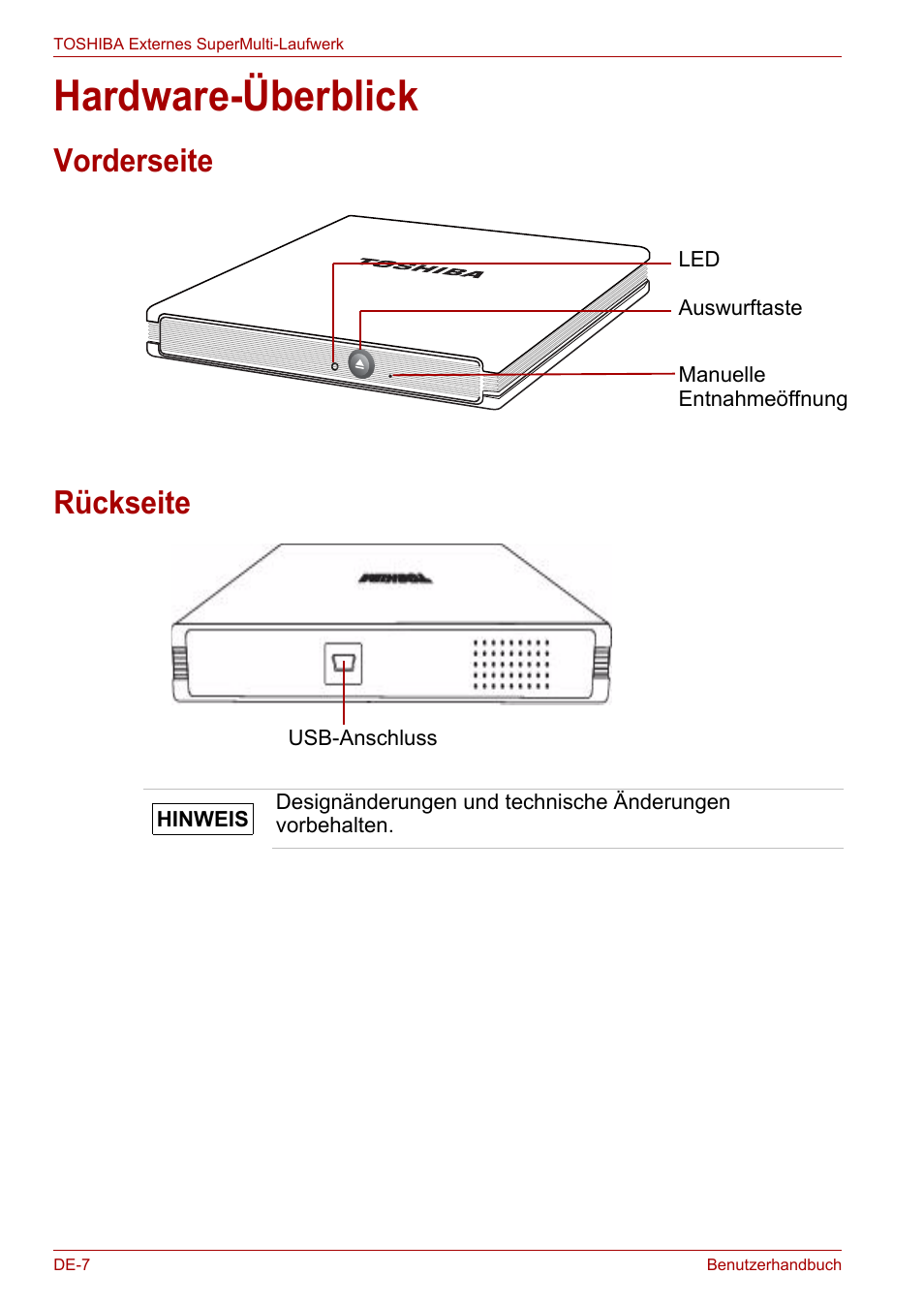 Hardware-überblick, Vorderseite, Rückseite | Vorderseite rückseite | Toshiba External SuperMulti Drive User Manual | Page 54 / 533