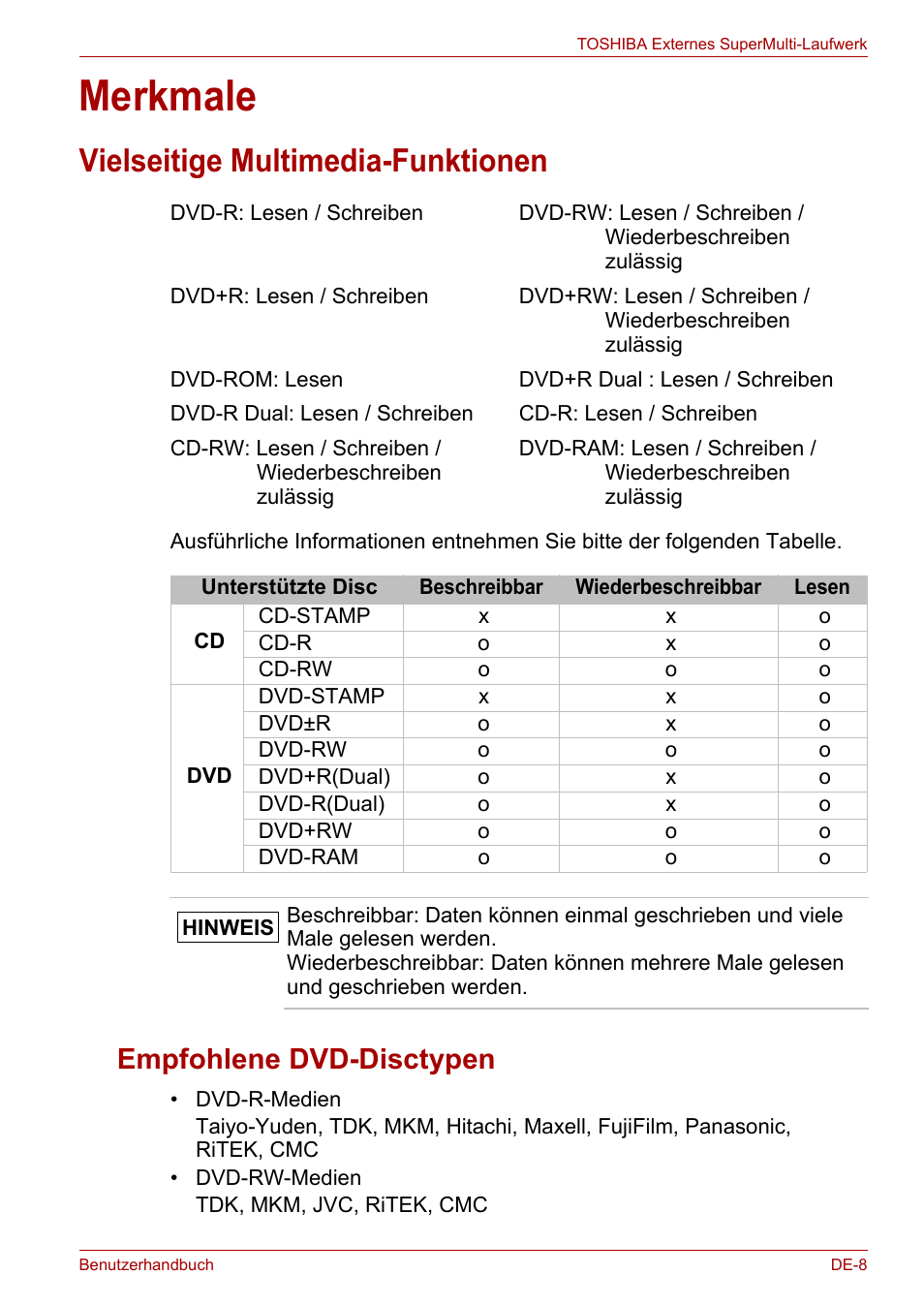 Merkmale, Vielseitige multimedia-funktionen, Empfohlene dvd-disctypen | Toshiba External SuperMulti Drive User Manual | Page 55 / 533