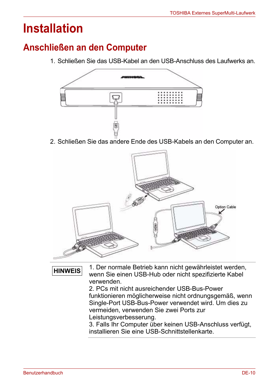 Installation, Anschließen an den computer | Toshiba External SuperMulti Drive User Manual | Page 57 / 533