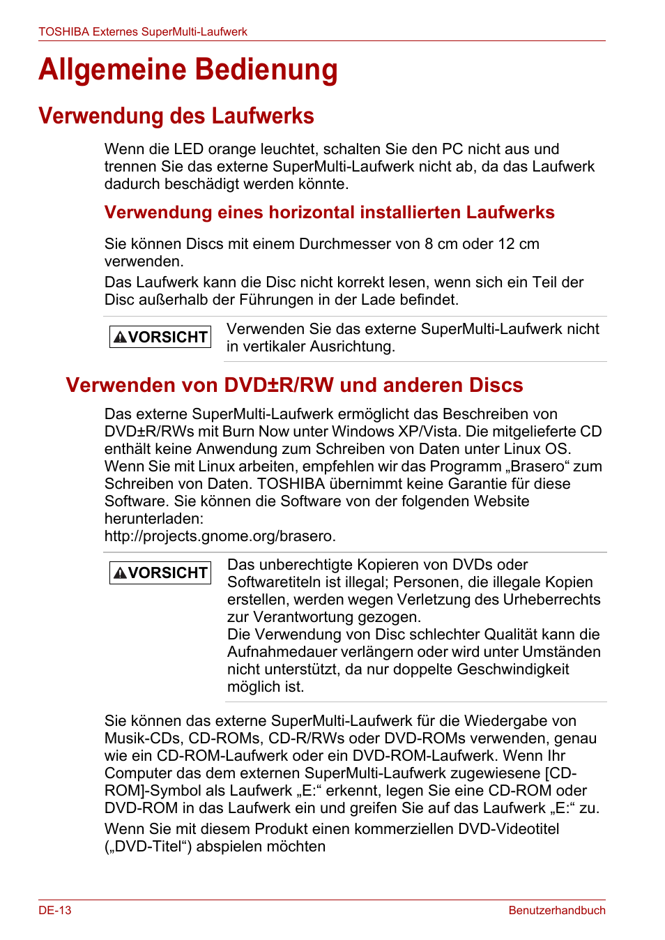 Allgemeine bedienung, Verwendung des laufwerks, Verwenden von dvd±r/rw und anderen discs | Toshiba External SuperMulti Drive User Manual | Page 60 / 533