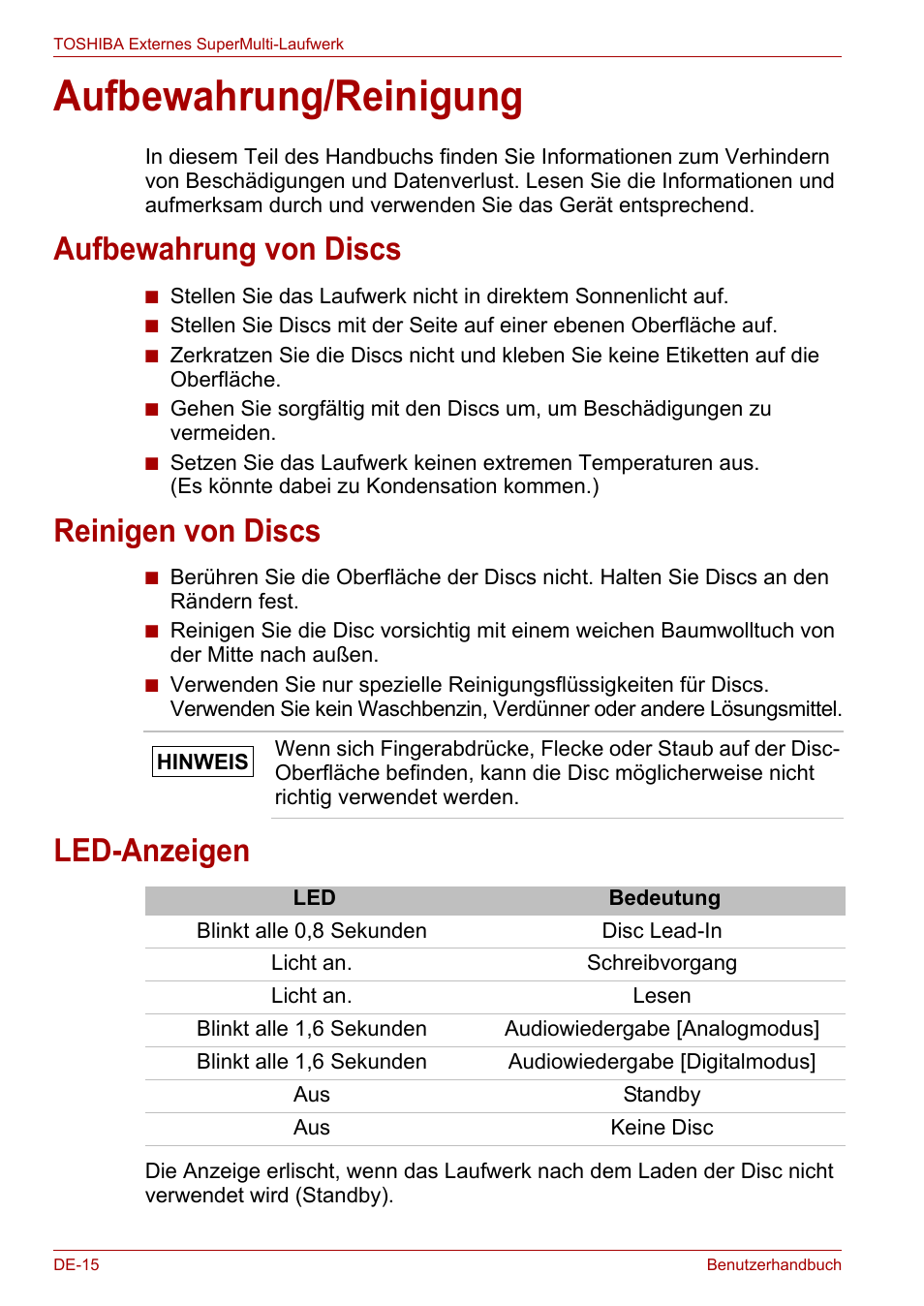 Aufbewahrung/reinigung, Aufbewahrung von discs, Reinigen von discs | Led-anzeigen | Toshiba External SuperMulti Drive User Manual | Page 62 / 533