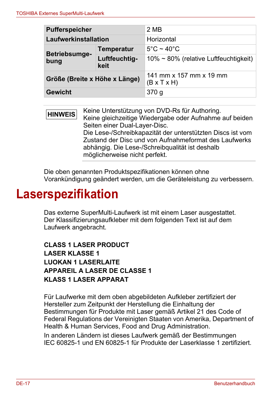 Laserspezifikation | Toshiba External SuperMulti Drive User Manual | Page 64 / 533