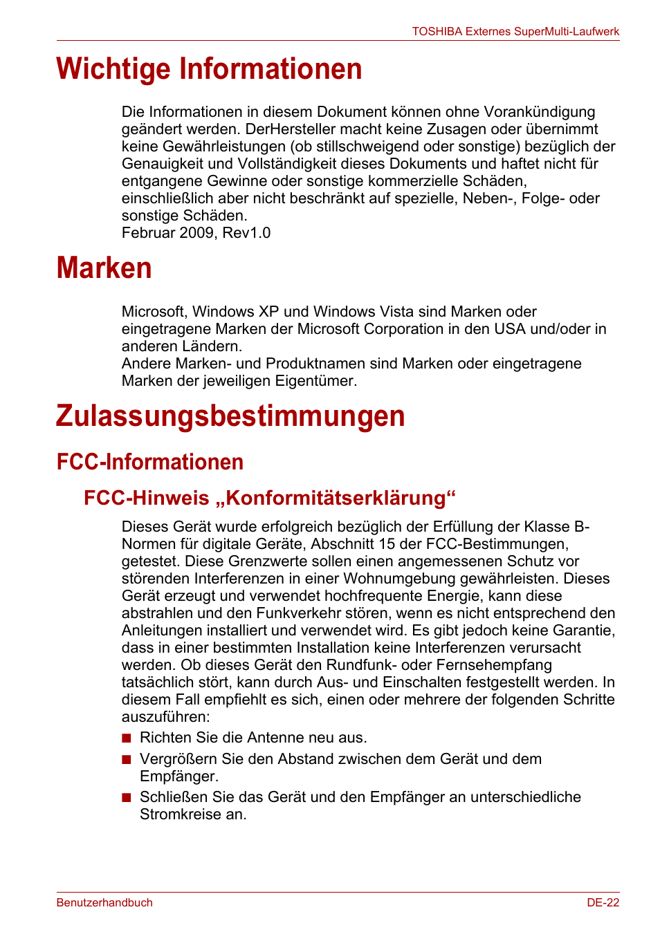 Wichtige informationen, Marken, Zulassungsbestimmungen | Fcc-informationen, Fcc-hinweis „konformitätserklärung | Toshiba External SuperMulti Drive User Manual | Page 69 / 533