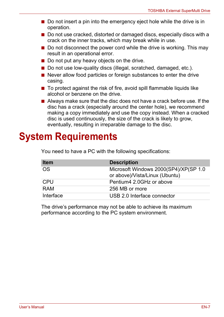 System requirements | Toshiba External SuperMulti Drive User Manual | Page 7 / 533