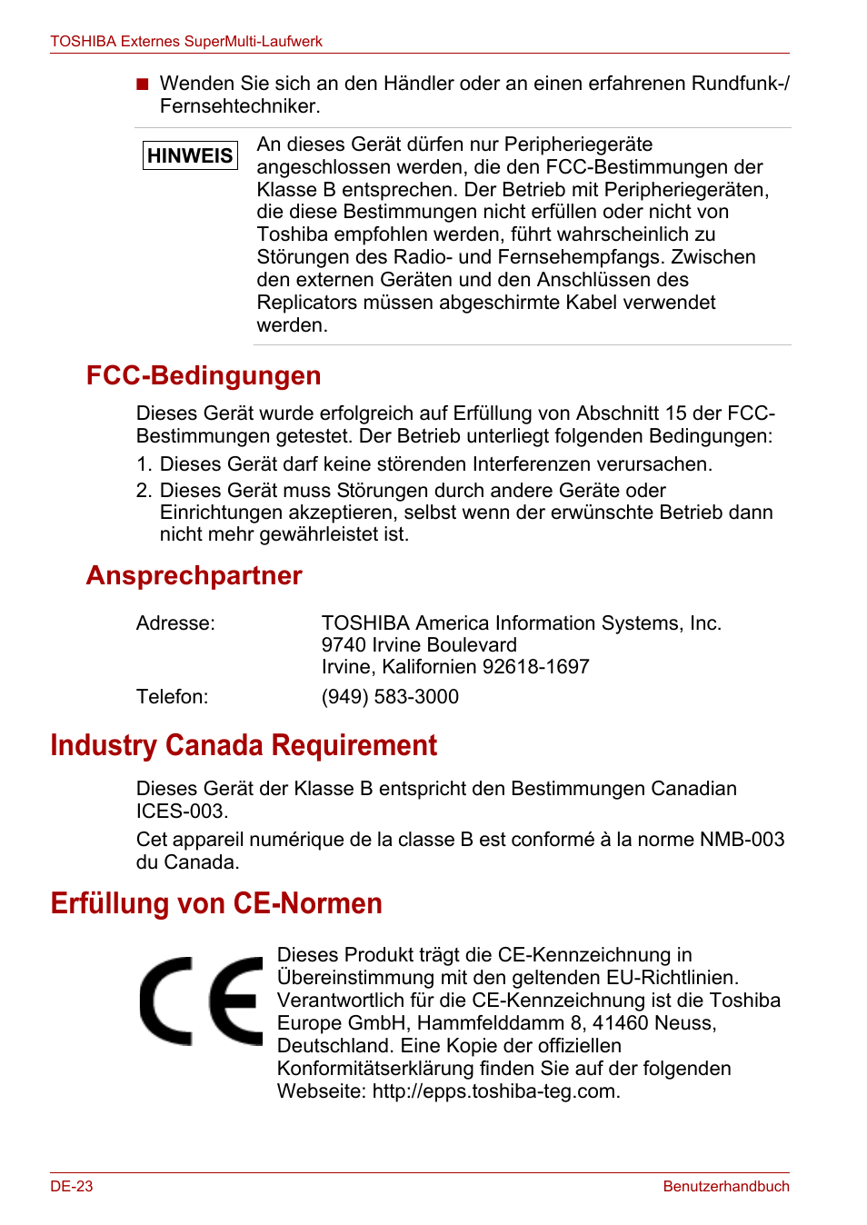 Fcc-bedingungen, Ansprechpartner, Industry canada requirement | Erfüllung von ce-normen, Fcc-bedingungen ansprechpartner | Toshiba External SuperMulti Drive User Manual | Page 70 / 533