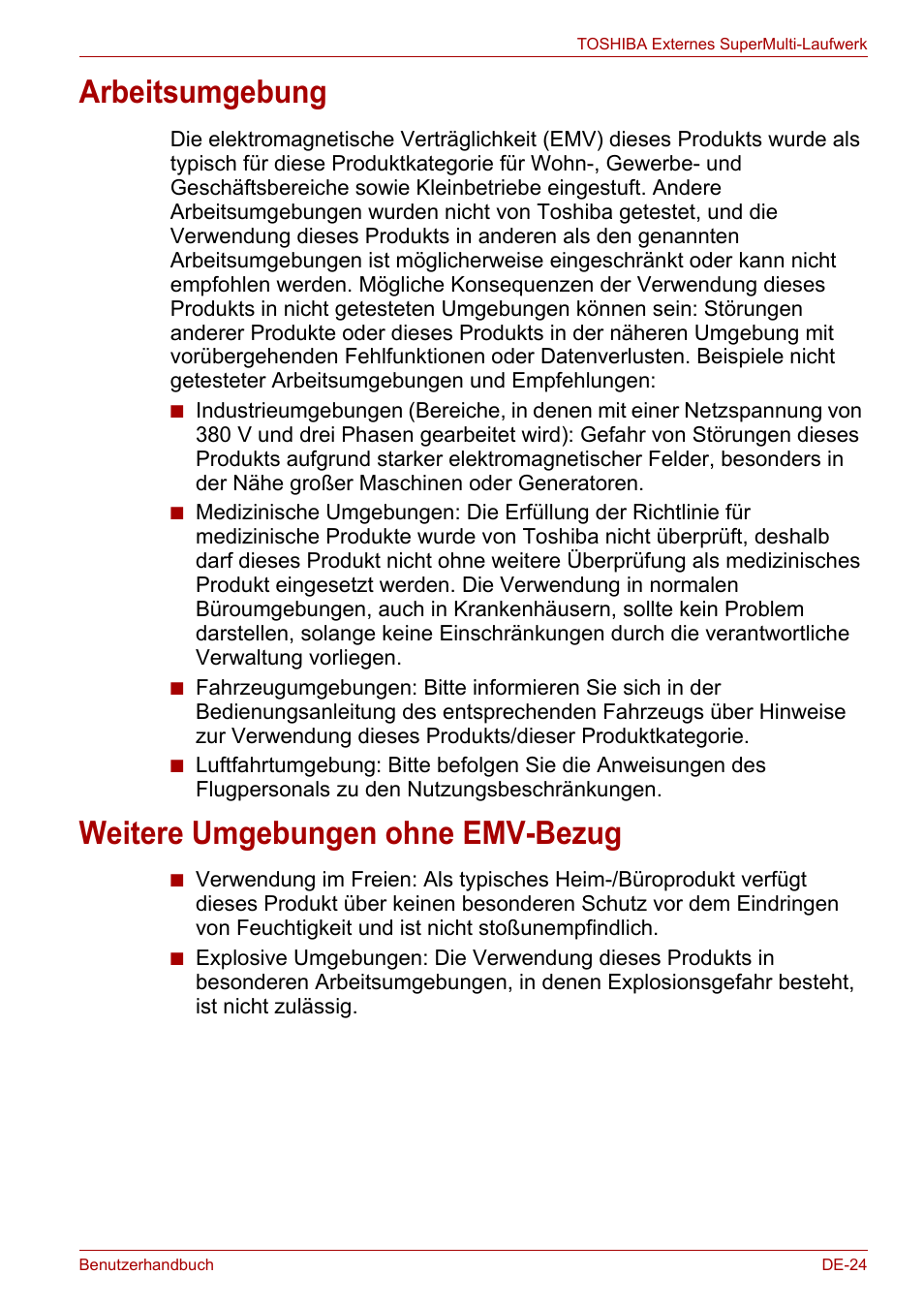 Arbeitsumgebung, Weitere umgebungen ohne emv-bezug, Arbeitsumgebung weitere umgebungen ohne emv-bezug | Toshiba External SuperMulti Drive User Manual | Page 71 / 533