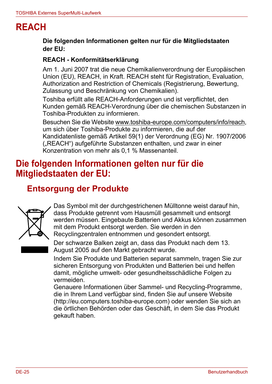 Reach, Entsorgung der produkte | Toshiba External SuperMulti Drive User Manual | Page 72 / 533