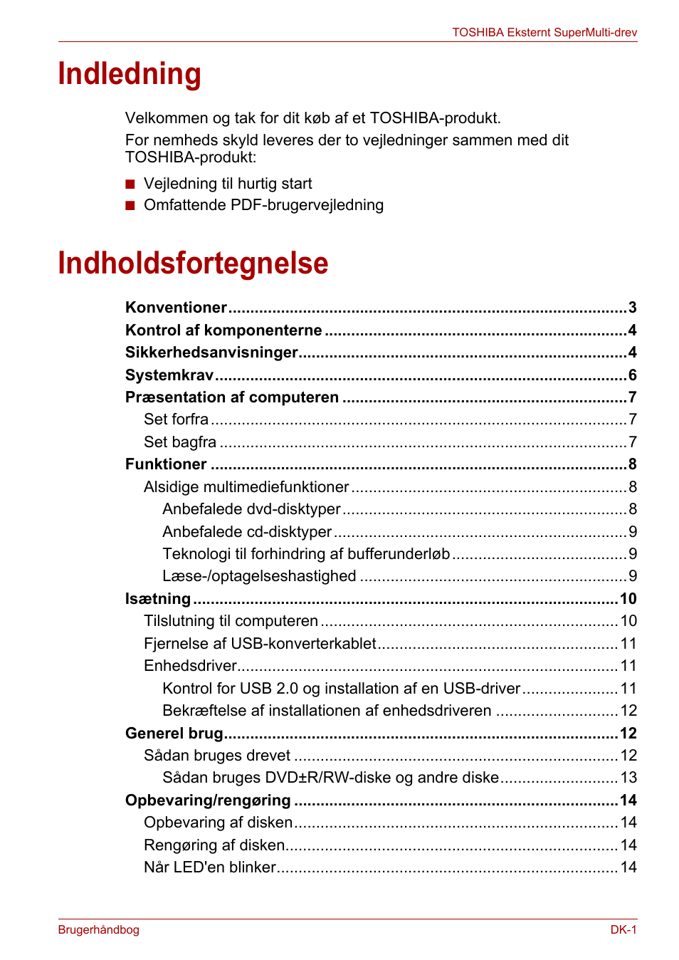 Brugerhåndbog, Indledning, Indholdsfortegnelse | Toshiba External SuperMulti Drive User Manual | Page 73 / 533