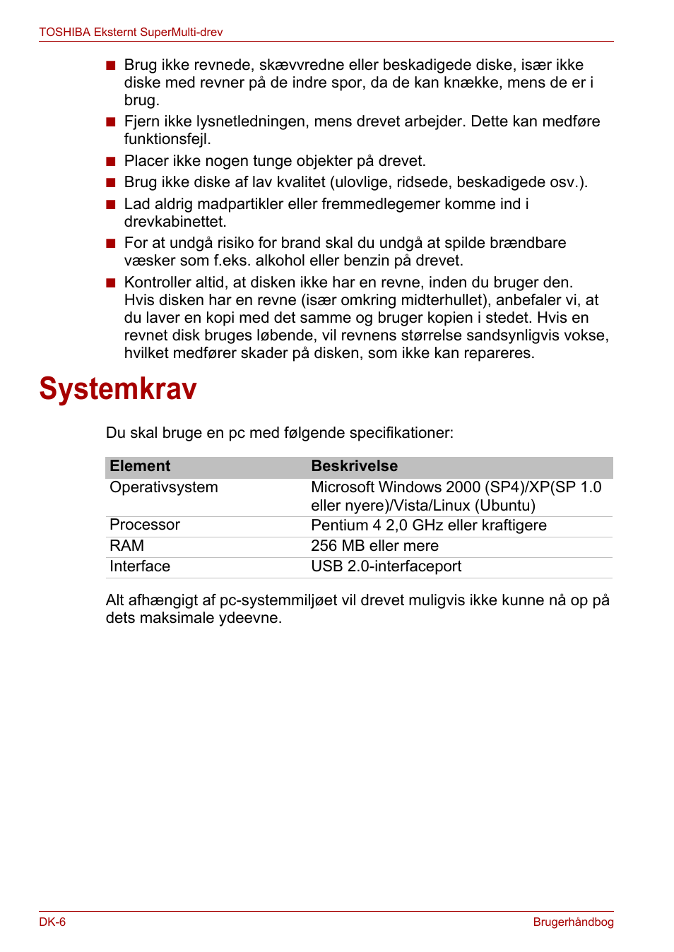 Systemkrav | Toshiba External SuperMulti Drive User Manual | Page 78 / 533