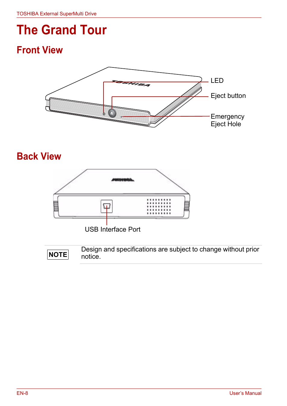 The grand tour, Front view, Back view | Front view back view | Toshiba External SuperMulti Drive User Manual | Page 8 / 533