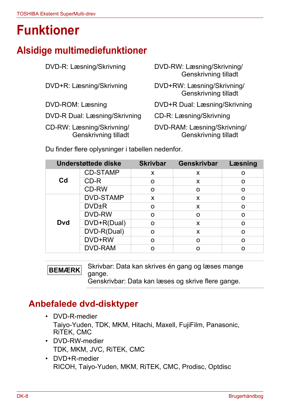 Funktioner, Alsidige multimediefunktioner, Anbefalede dvd-disktyper | Toshiba External SuperMulti Drive User Manual | Page 80 / 533