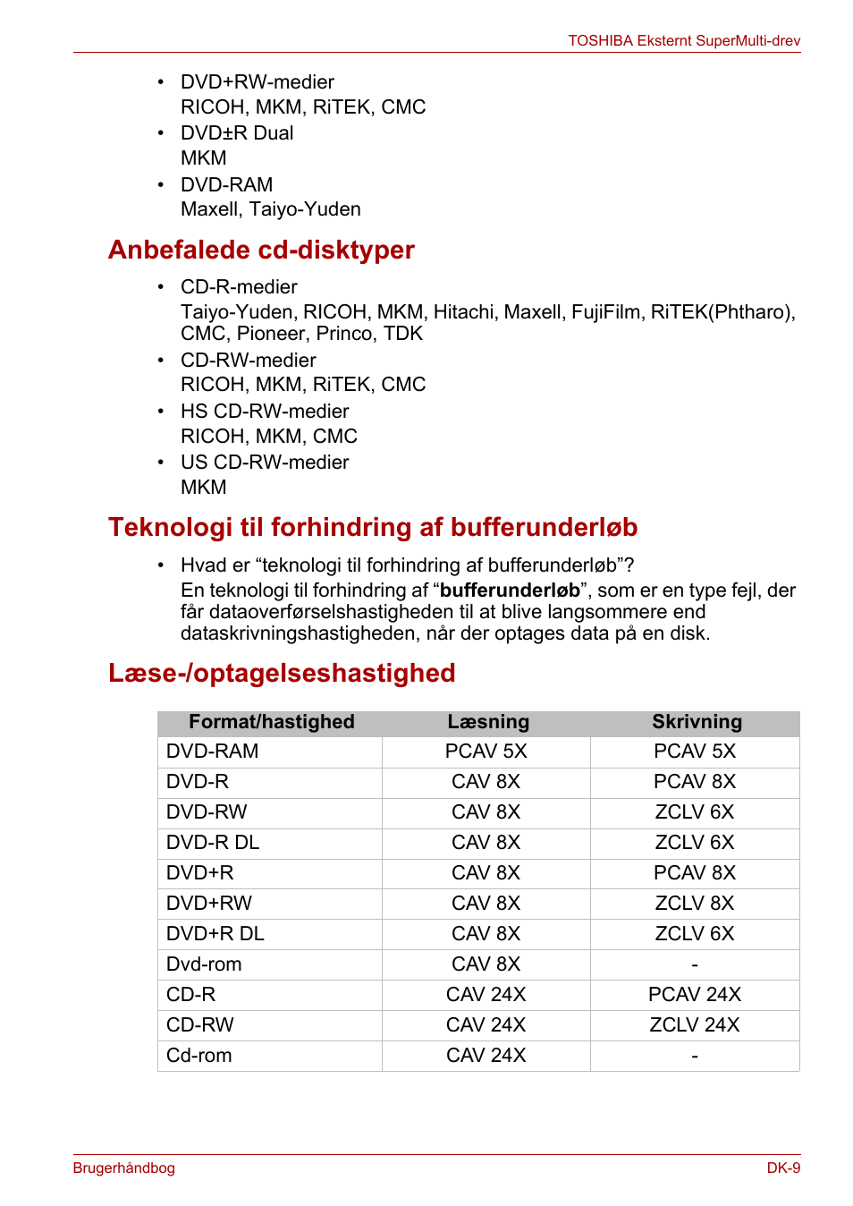 Anbefalede cd-disktyper, Teknologi til forhindring af bufferunderløb, Læse-/optagelseshastighed | Toshiba External SuperMulti Drive User Manual | Page 81 / 533