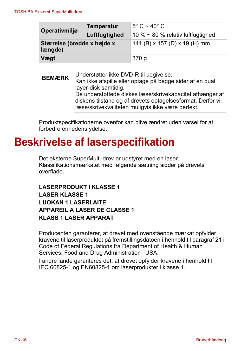 Beskrivelse af laserspecifikation | Toshiba External SuperMulti Drive User Manual | Page 88 / 533