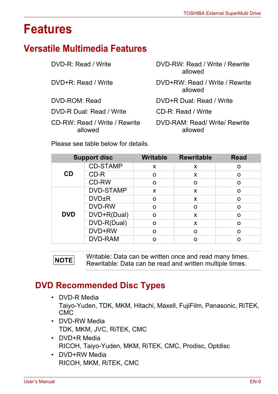 Features, Versatile multimedia features, Dvd recommended disc types | Toshiba External SuperMulti Drive User Manual | Page 9 / 533