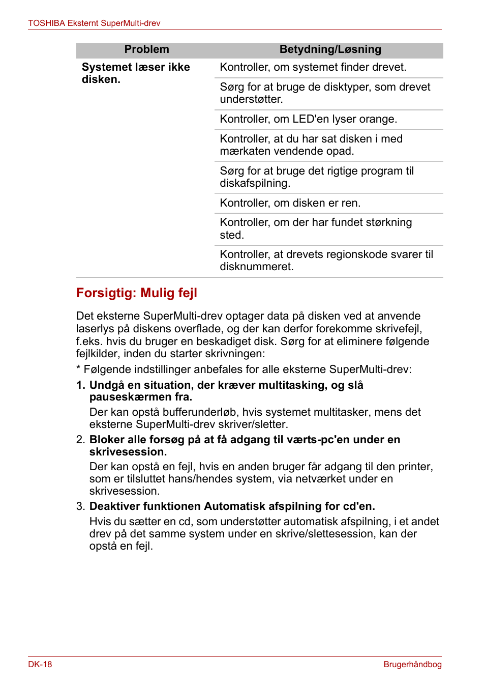 Forsigtig: mulig fejl | Toshiba External SuperMulti Drive User Manual | Page 90 / 533