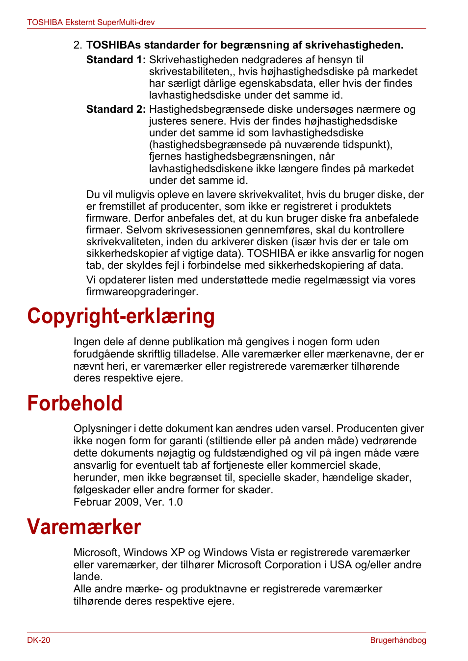 Copyright-erklæring, Forbehold, Varemærker | Copyright-erklæring forbehold varemærker | Toshiba External SuperMulti Drive User Manual | Page 92 / 533