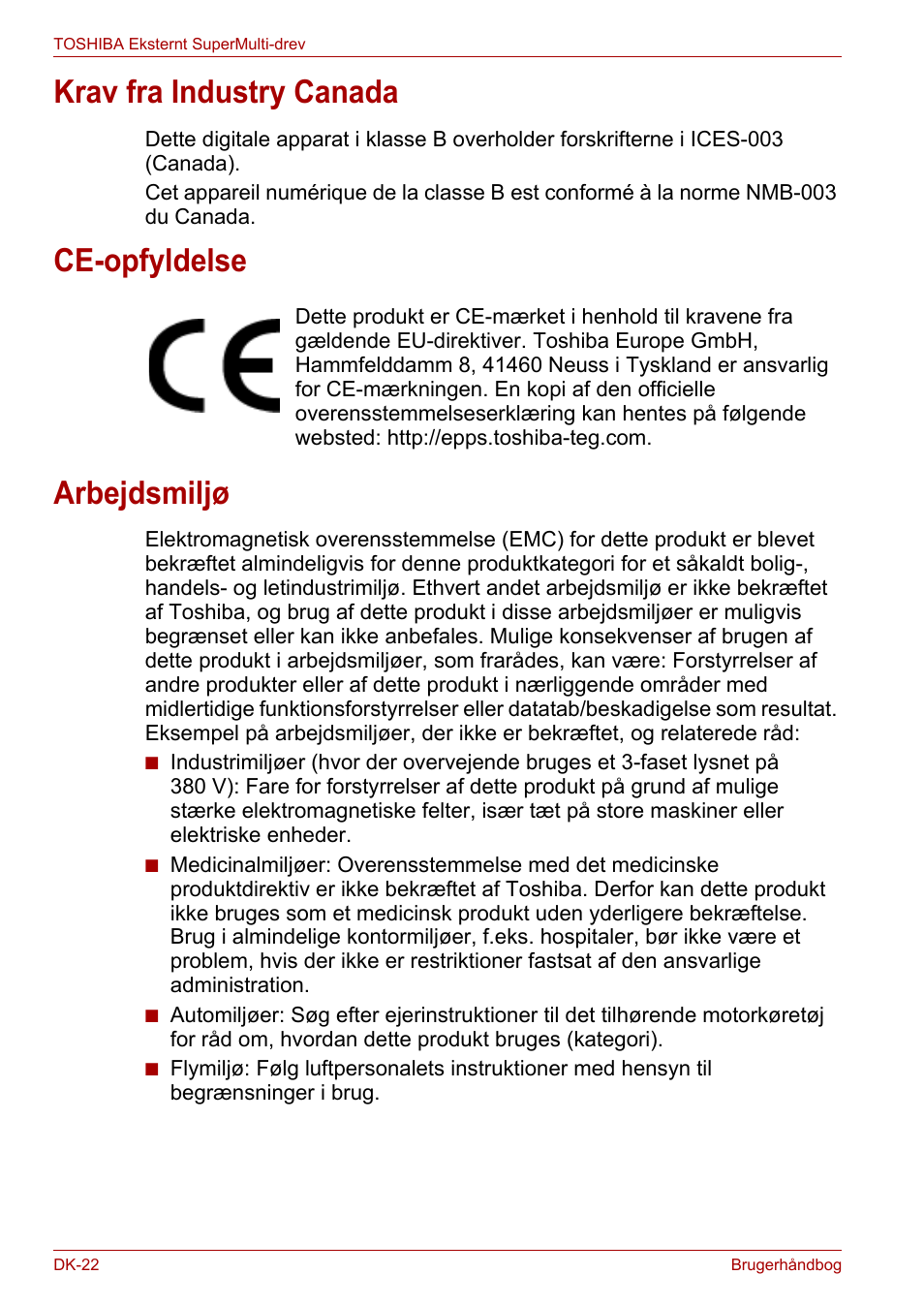 Krav fra industry canada, Ce-opfyldelse, Arbejdsmiljø | Toshiba External SuperMulti Drive User Manual | Page 94 / 533